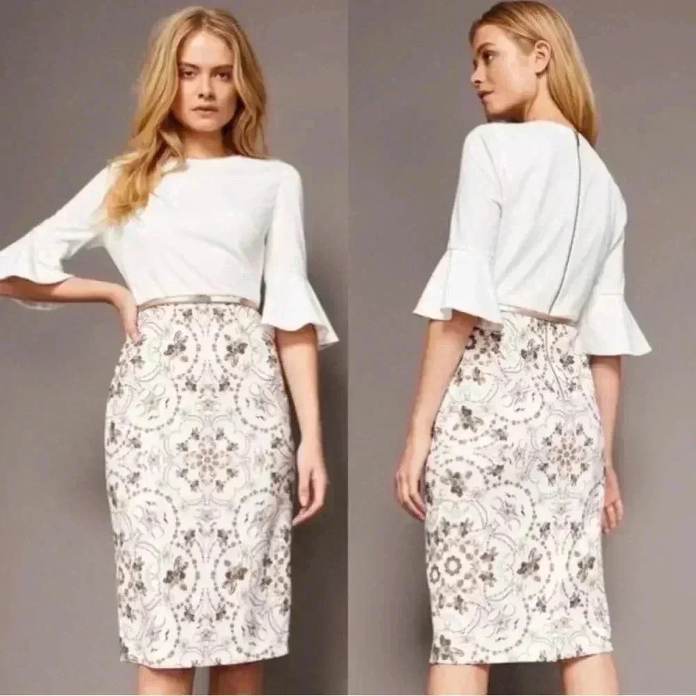 Ted Baker Barbz Majestic Ruffle Cuffs Sleeve Contrast Dress $329 Size 4
